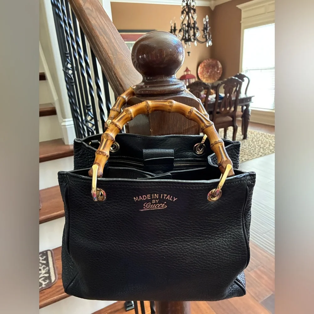 Gucci Taurillon Black Leather, Bamboo Top Handles/Shoulder Bag Tote - Picture 2 of 16